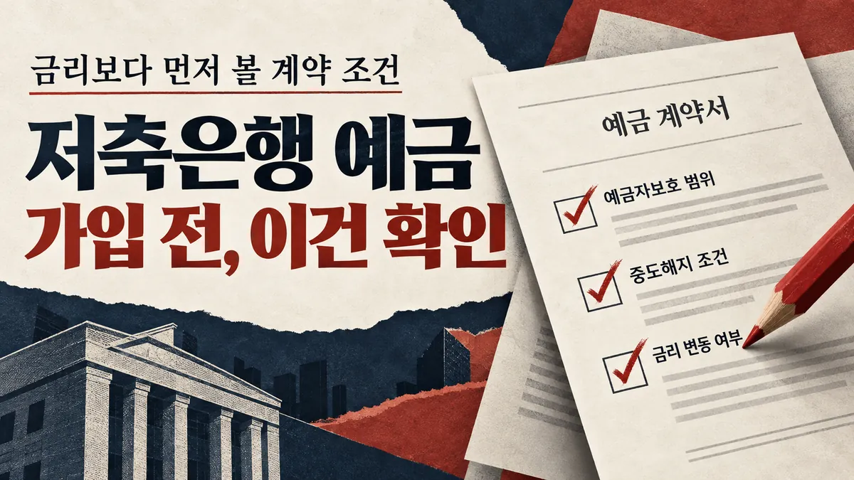 저축은행 예금 가입 전 예금자보호, 중도해지, 금리 변동 조건을 확인하는 계약서 도식